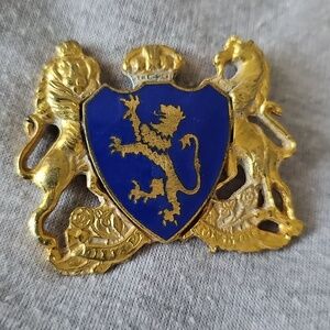Vintage Heraldic Gold and Blue Lion Crest Brooch